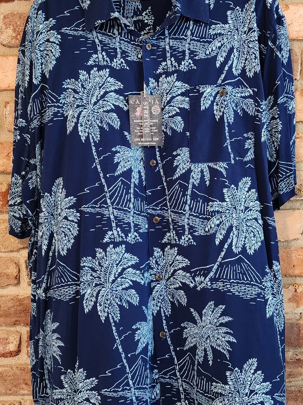 Campia Casual Men's Navy Blue Palm-Print Button Down Shirt XL